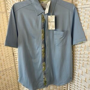 Tommy Bahama Blue Short Sleeve Shirt with Floral Trim